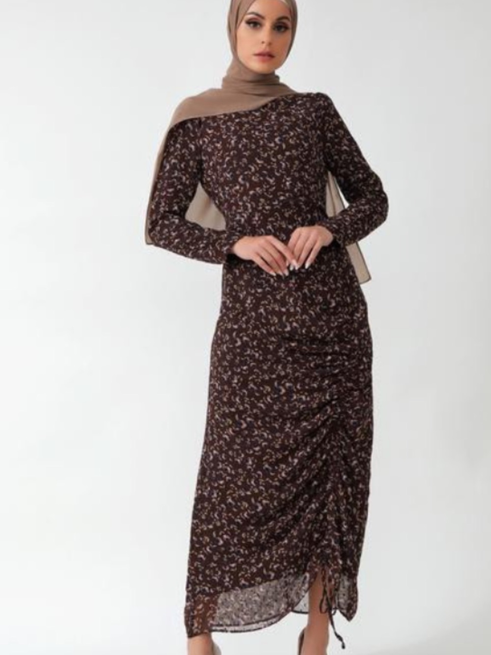 Urban Modesty Long-Sleeve Maxi Dress in Dark Brown Floral